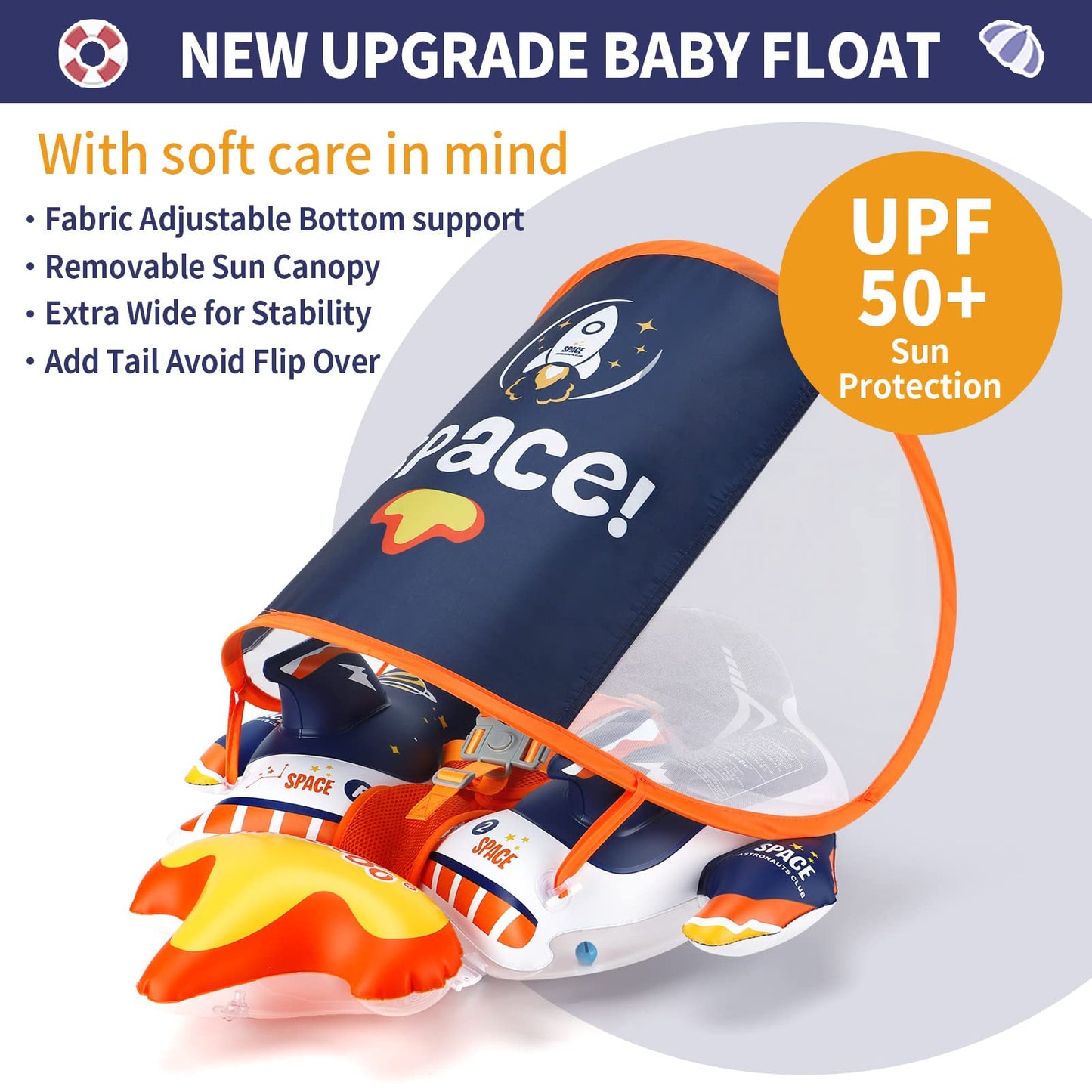 Swimbobo Inflatable Baby Swimming Float with Safe Bottom Support and Retractable Fabric Canopy for Safer Swims (Space Blue Large)