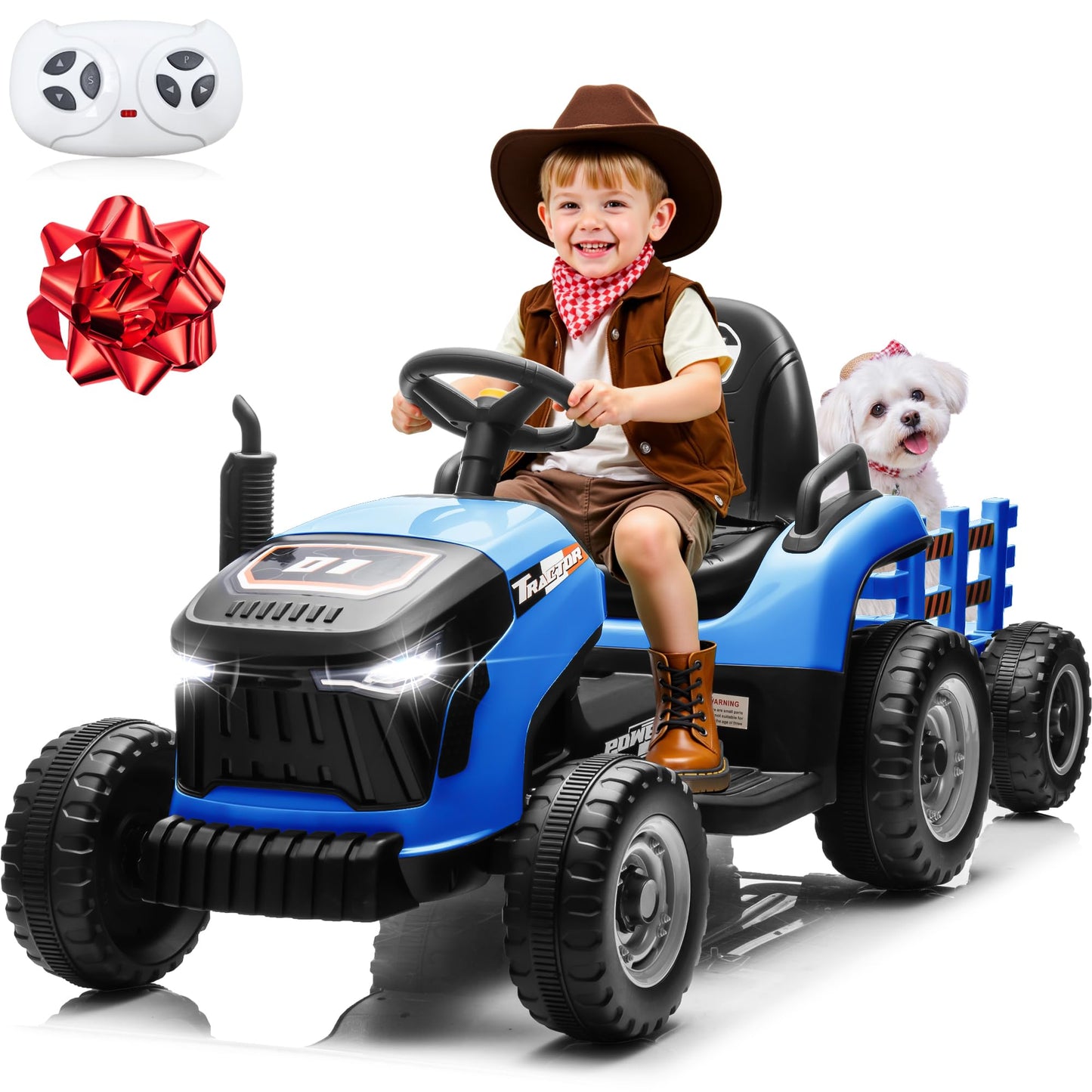 JORFLY 24V Kids Ride On Tractor w/400W Motors, 2-in-1 Power Tractor Wheels w/Remote Control, Tiltable & Detachable Trailer, Adju