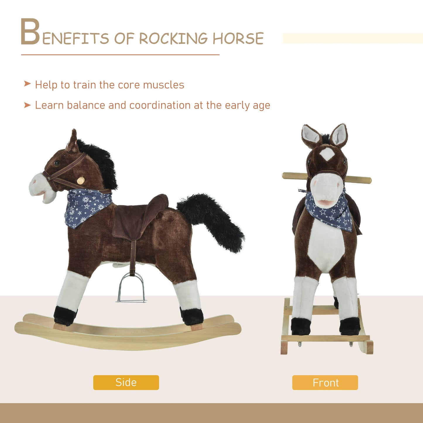 Qaba Kids Plush Ride-On Rocking Horse Toy Cowboy Rocker With Fun Realistic Sounds For Child 3-6 Years Old, Brown
