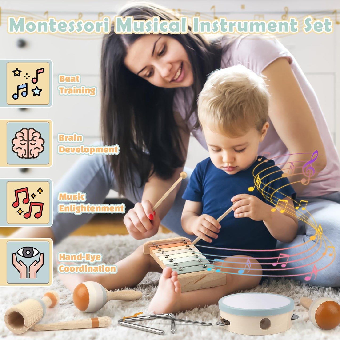 Musical Toys For 1 Year Old Boy Gifts - Wooden Musical Instruments For Toddlers 1-3 - Christmas Birthday Gifts For One Year Old Girls With Boho Xylophone - Montessori Toy For Babies 6-12-18 Months