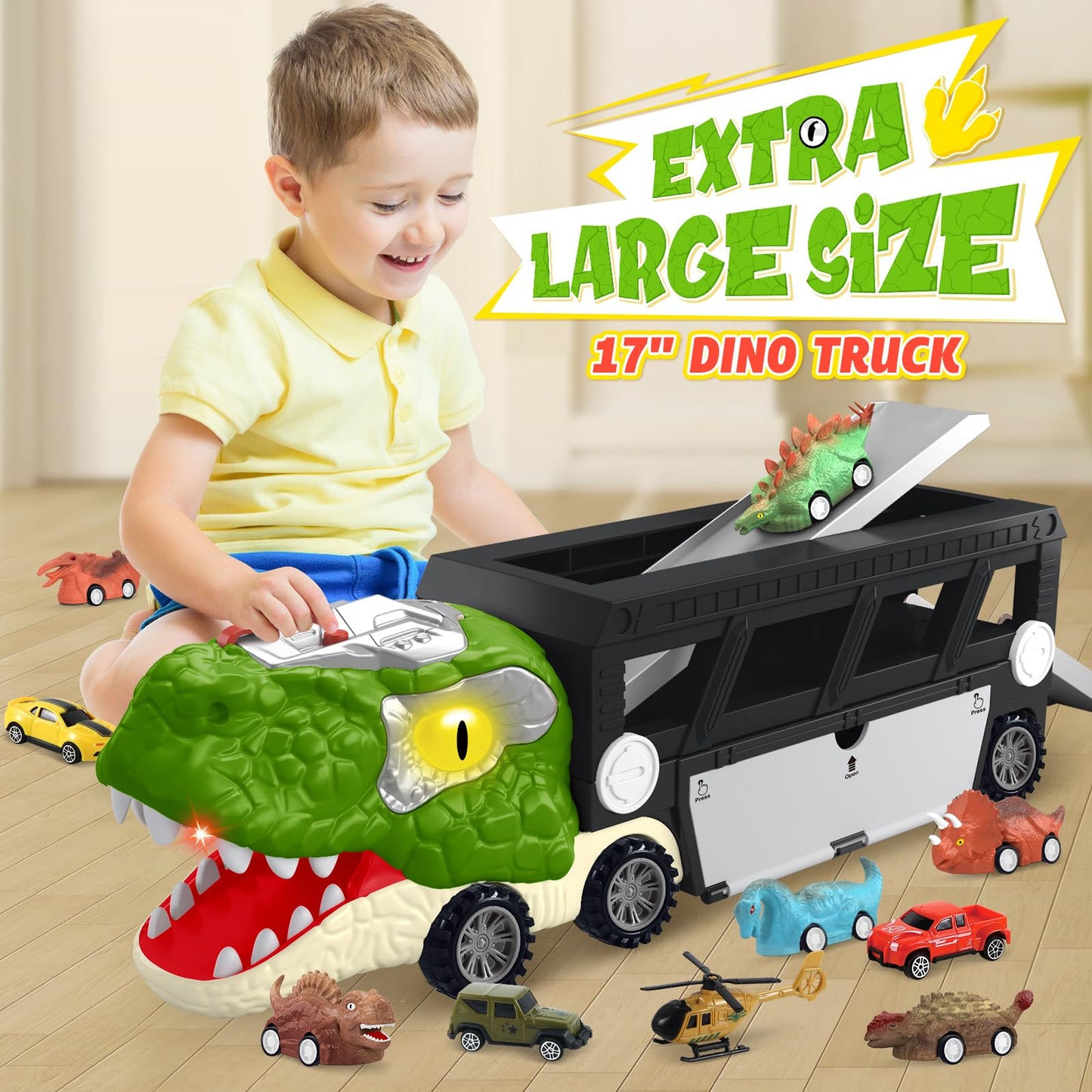 Dinosaur Toys for Kids Age 3-5 5-7, 17 Inch Big Dinosaur Truck with Sounds & Lights & Spray for Boy, Dinosaur Truck Carrier with