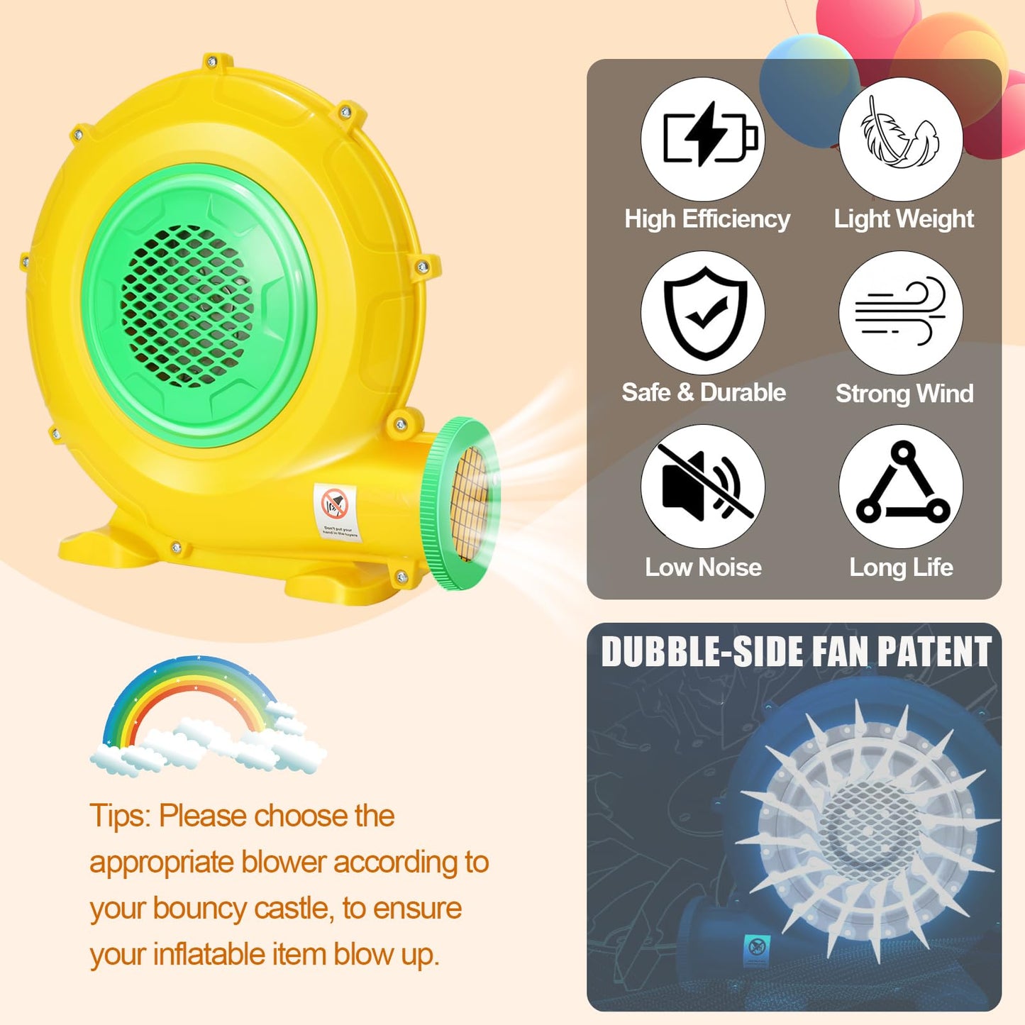 Bounce House Blower 550W 0.73HP Commercial Air Blower with Double-Sided Fan cutting edge Design Strong Wind and Great Heat Dissipation Properties for Large and Medium Bouncy Castle Jump Slides Arch
