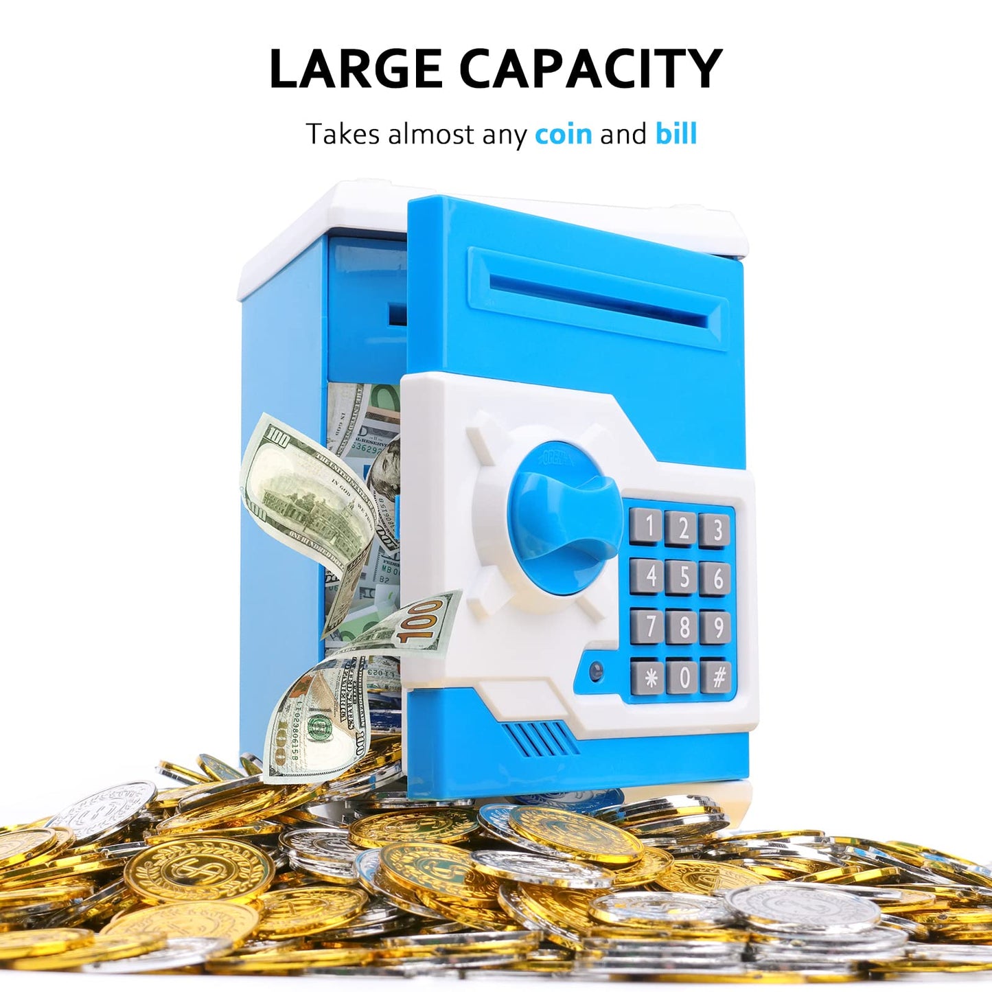 Atm Piggy Bank For Boys Girls, Vcertcpl Mini Atm Coin Bank Money Saving Box With Password, Kids Safe Money Jar For Adults With Auto Grab Bill Slot, Great Gift Toy Bank For Kids(Blue White)