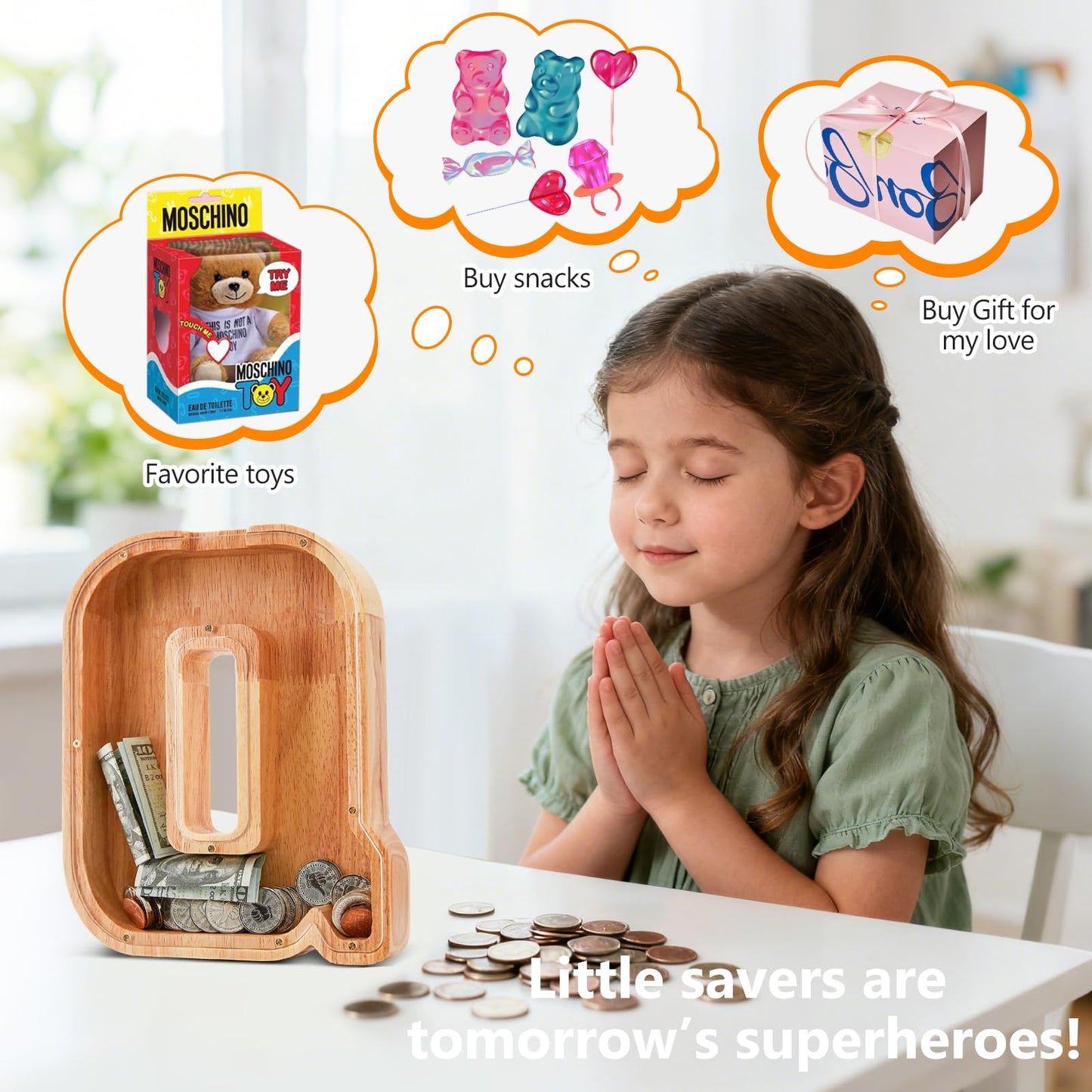 Wooden Letter Piggy Bank for Kids Initial Coin Bank for Boys and Girls First Name Personalized Savings Bank for Birthday Boys Girls Gift Piggy Bank for Kids (Wood S9-Q)