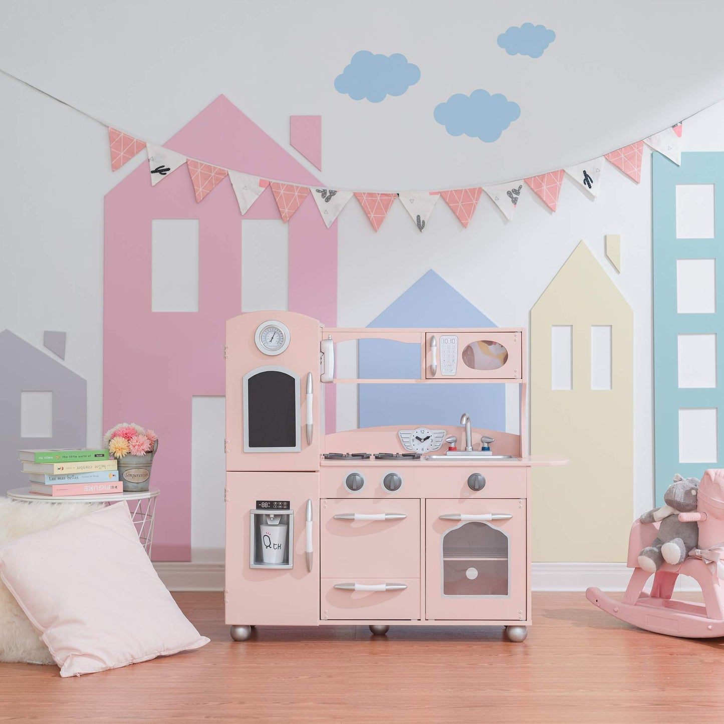 Teamson Kids Little Chef Wooden Westchester Retro Kids Play Kitchen Playset, For Toddlers Child Children Boy Girl, Pink