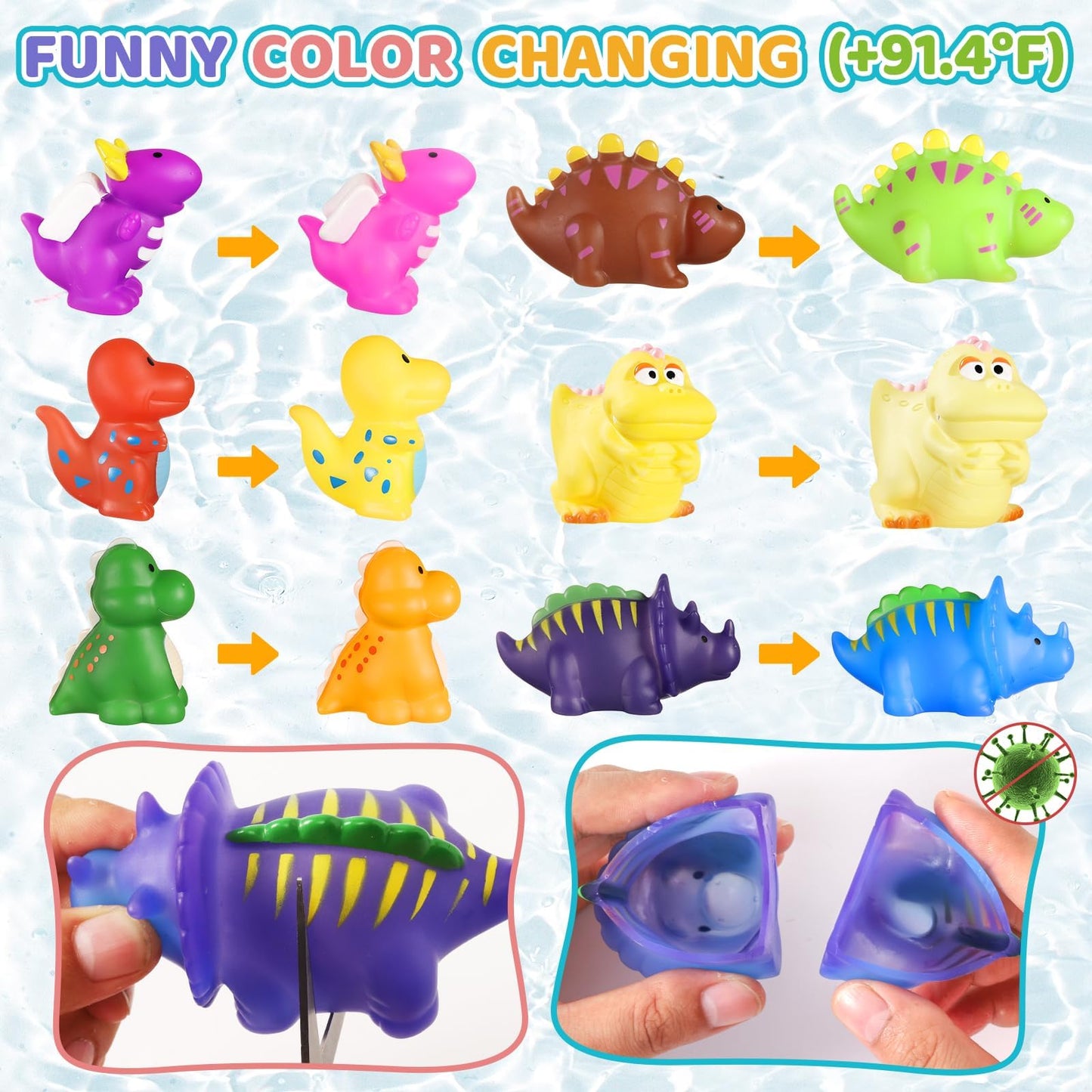 Color Changing No Hole Bath Toys For Kids Toddlers, Dinosaur Bath Toys For Kids With Drying Bag, Toddler Bath Toys Water Toys Fl