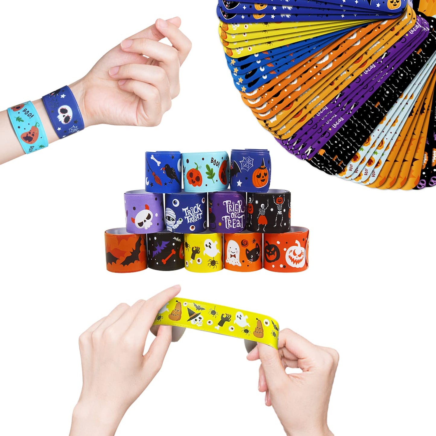 CCINEE 48pcs Halloween Slap Bracelets,Kids Snap Bracelet Wristbands with Assorted Bulk Pumpkin Zombie Skull Ghost Witches for Tr