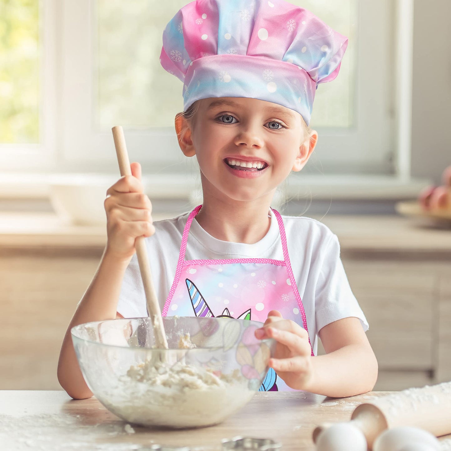 Vanmor Unicorn Kids Cooking and Baking Sets, 11Pcs Kids Aprons for Girls, Kids Chef Hat and Pink Apron, Mitt & Utensil for Toddl