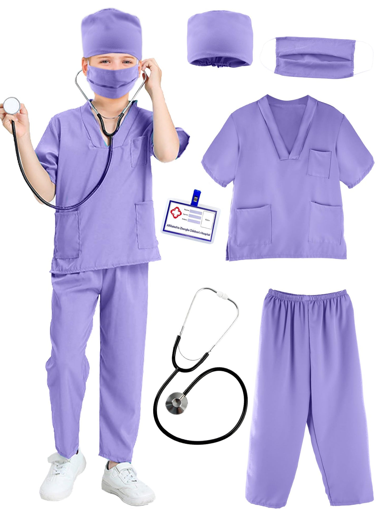 Puteraya Kids Doctor Scrubs Costume Set Doctor Surgical Suit Uniform for Boys Girls Dress Up Halloween Cosplay