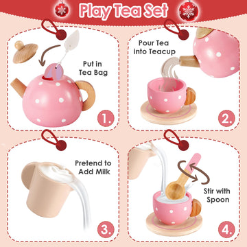 BUYGER Pretend Play Princess Tea Party Set for 3 4 5 6 + Year Old Wooden Kitchen Play Food Accessories Sets Gifts for Toddler Li