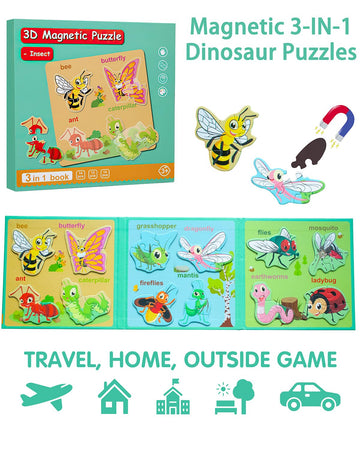 Magnetic Puzzles For Toddlers 1-3, Travel Puzzles For Kids Ages 2-4, Animal Activities Toy Wooden Jigsaw Puzzles Book For Boys &