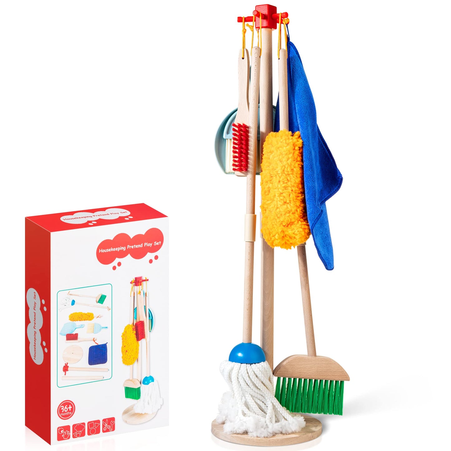 Woodmam Wooden Kids Cleaning Set For Toddlers,8 Pieces Montessori Cleaning Toys With Kids Broom And Mop Set, Housework Pretend P