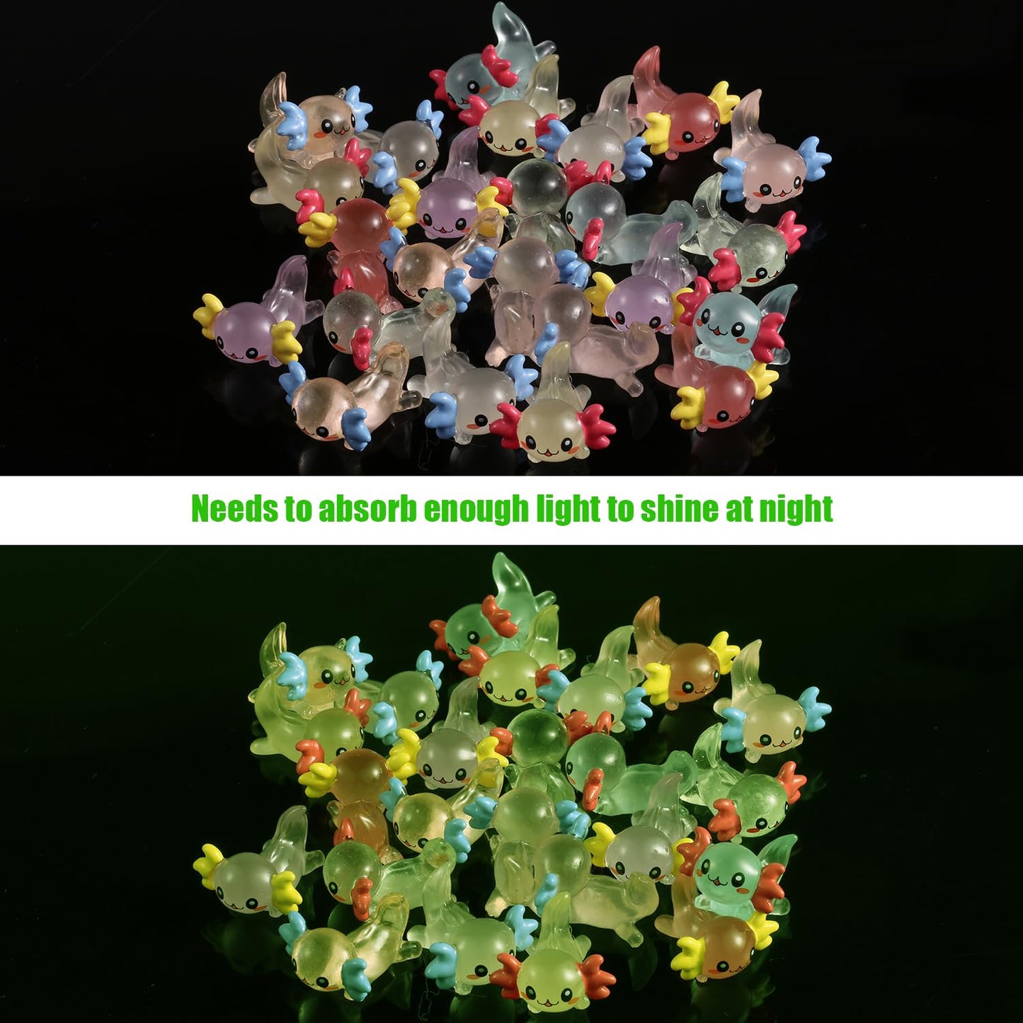 64pcs Mini Axolotl Figures, Glow in The Dark Resin Axolotl Tiny Animal Figurines Ornament Axolotl Charms for DIY Craft Garden La