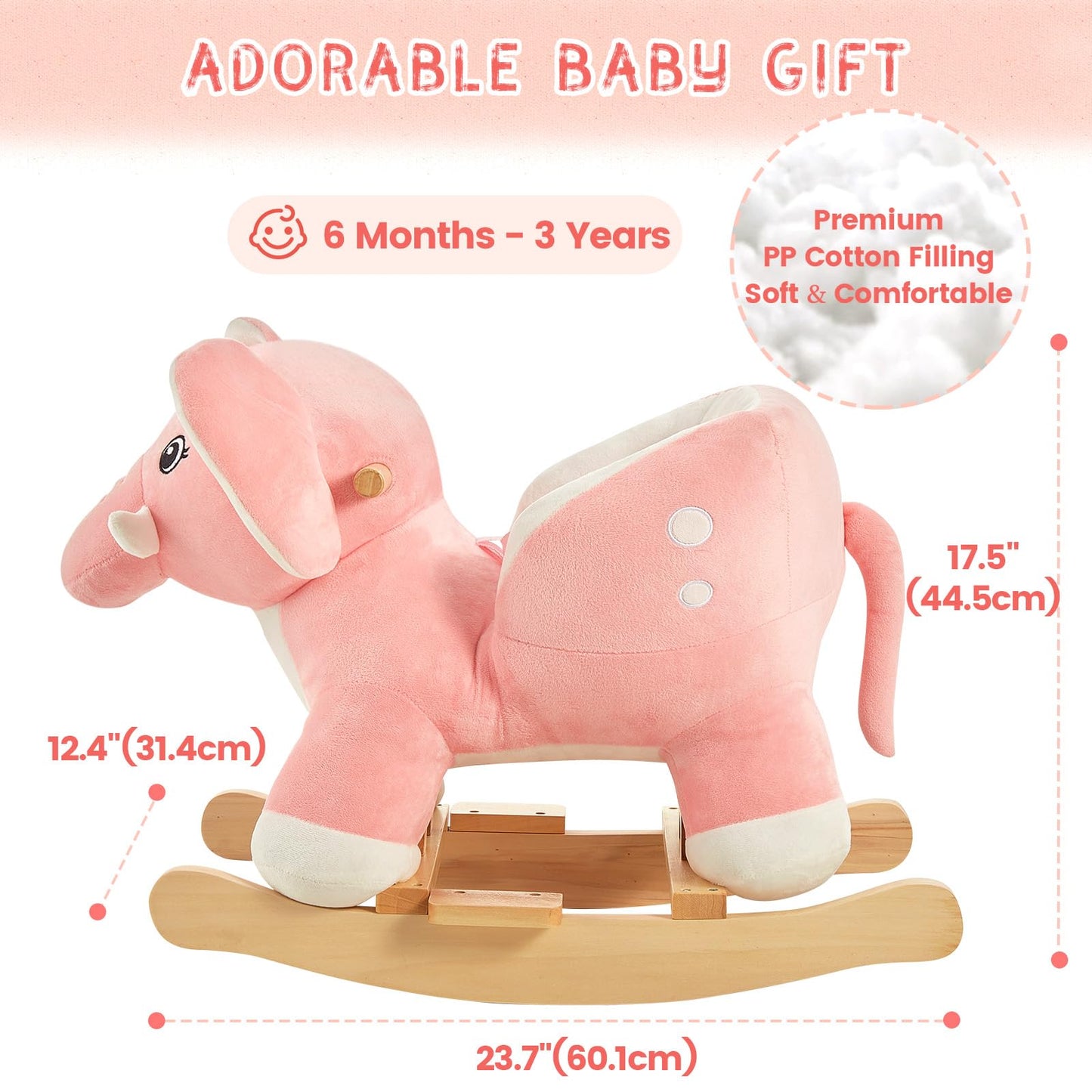 Funlio Elephant Baby Rocking Horse For Toddlers 6 Months To 3 Years, Cute & Graceful Pink Elephant Rocker For Baby Girl, Stuffed Plush Ride-On Rocking Animal, Easy To Assemble, Cpc & Ce Certified