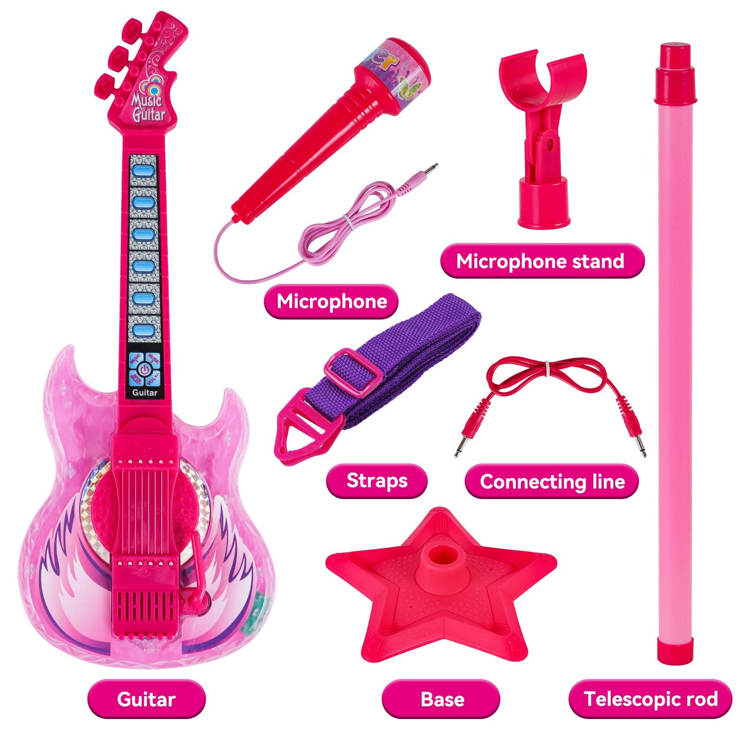 Guitar And Microphone Play Set For Girls,Karaoke Machine With Music&Light,Microphone Toys With Stand,Adjustable Height Guitar To