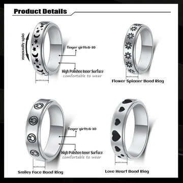 Luckyamor Spinner Ring, Fidget Anxiety Ring Stainless Steel Moon Star Ring For Women Men Size 6-10, 4 Uk, Non-Precious Metal, No