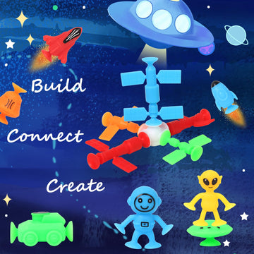 Suction Bath Toys For Kids, 20 Pcs No Hole Outer Space Bath Toy With Eggshell & Bag, Silicone Suction Cup Toys, Sensory Window B