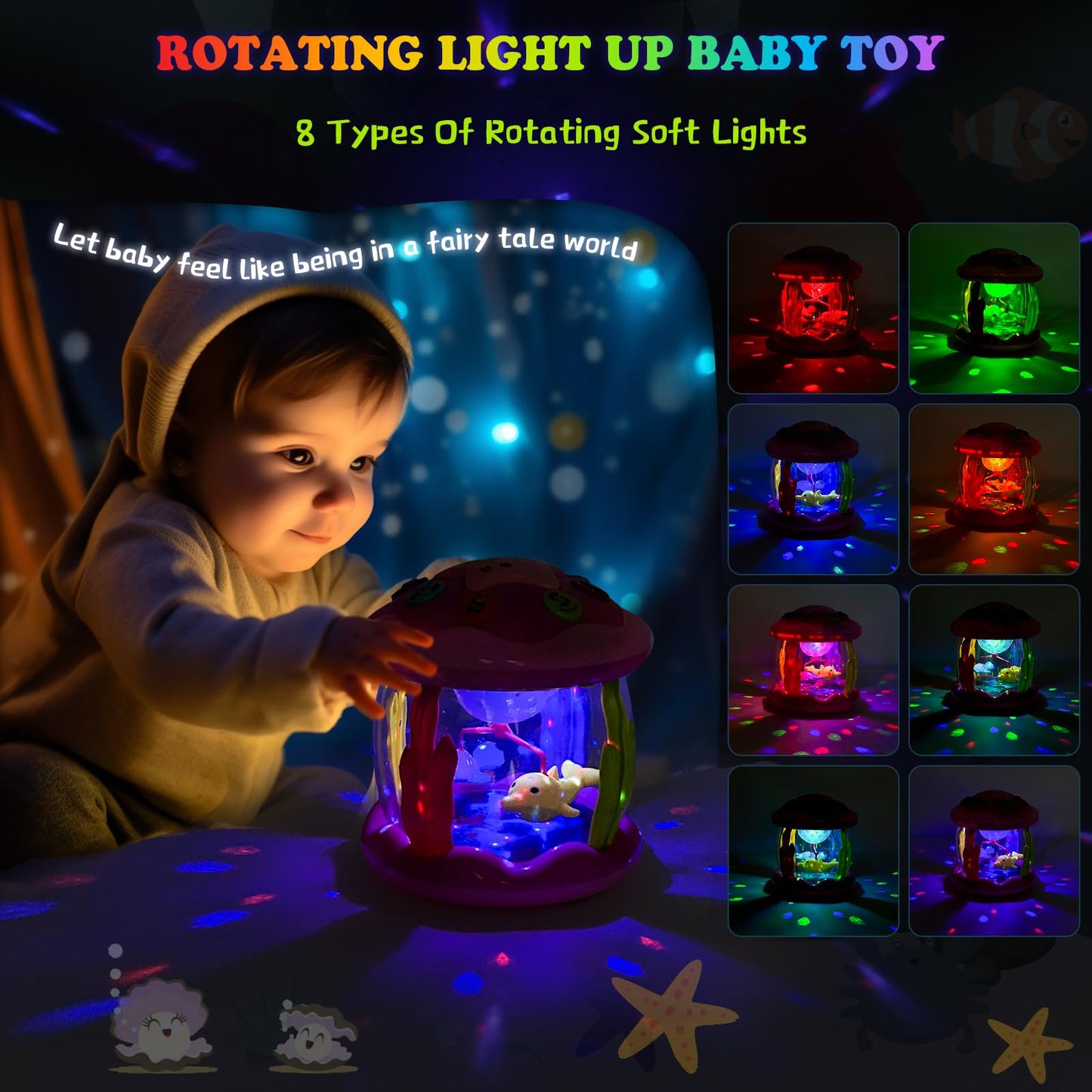 M Sanmersen Baby Girl Toys 6-12 Months - Babies Ocean Rotating Projector Light Up Musical Toys For 12-18 Months Crawling Learning Tummy Time 1 2 Years Old Infant Boys Girls Gifts - Pink