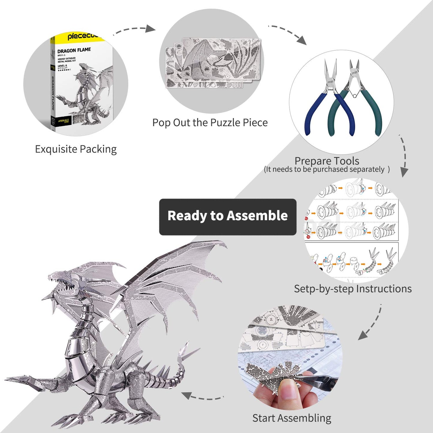 Piececool 3D Metal Puzzle Model Kits- Dragon Flame Metal Building Kit For Adults, Brain Teaser Diy 3D Dragon Puzzles Model Kits Stem Toys For Teens Men Family, 115 Pcs