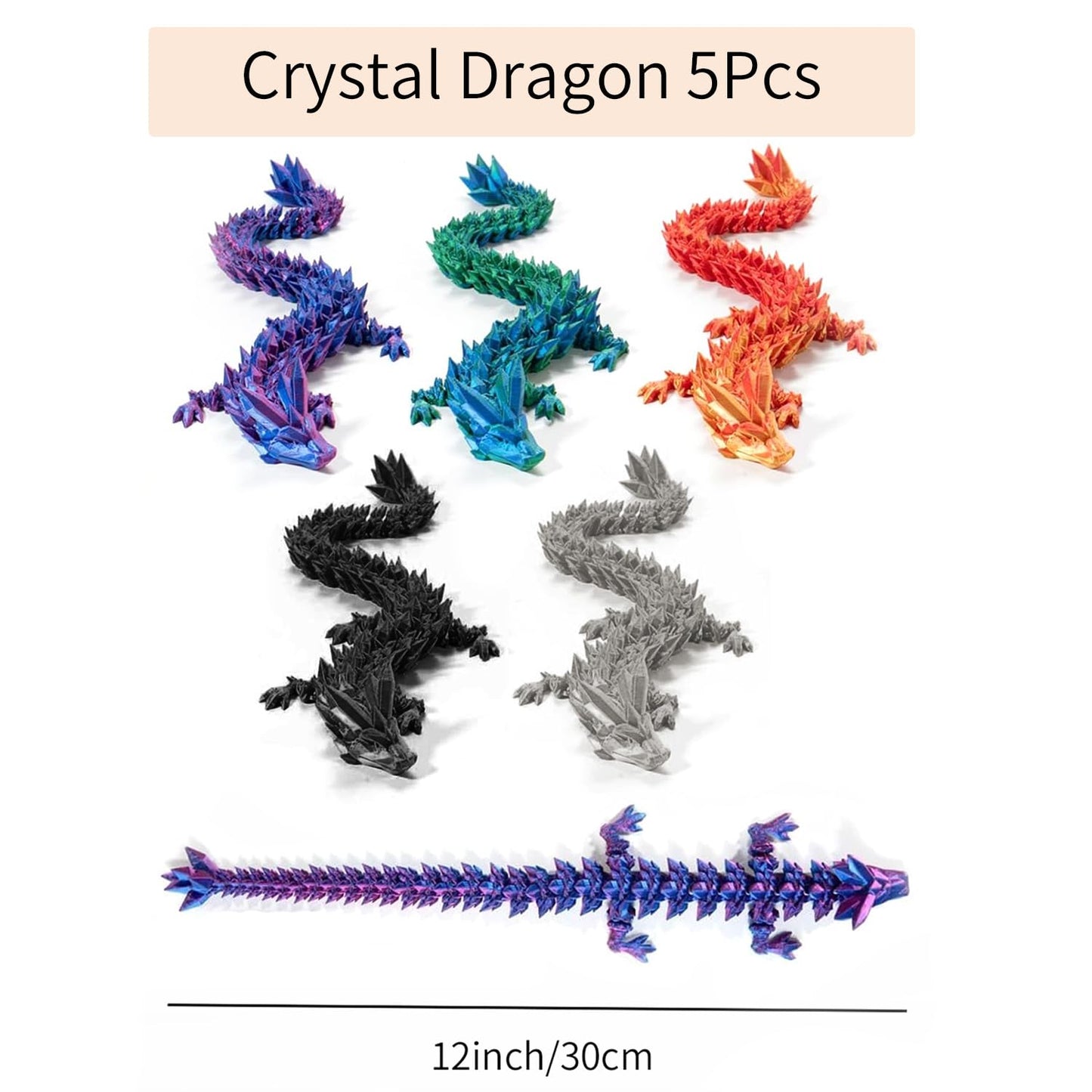AMOMELA 5Pcs 3D Printed Dragon 12In-Perfect Basket Essentials Stuffers, 3D Printed Flexible Articulated Crystal Dragon