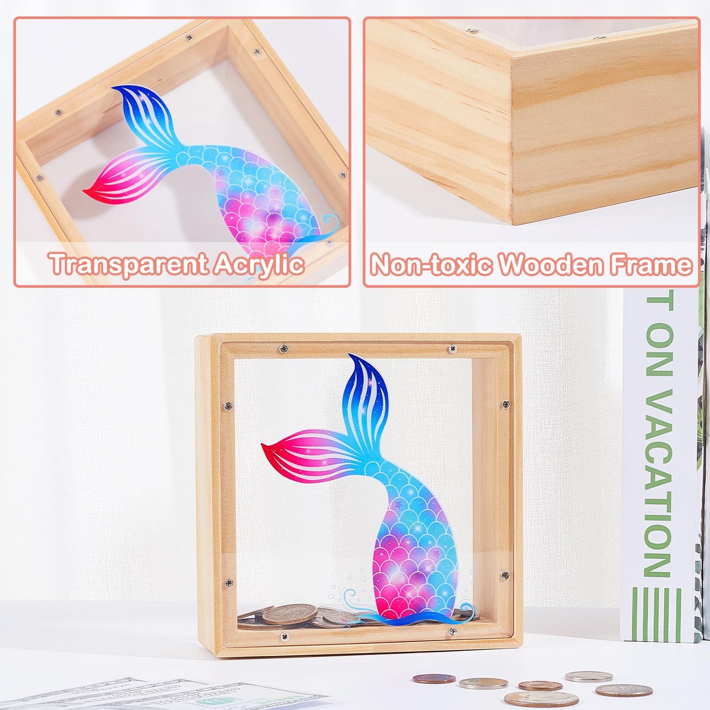 Piggy Bank for Kids, Wooden Money Coin Bank for Boys and Girls, Dinosaur Unicorn Piggy Banks with DIY Stickers for Birthday, Eas