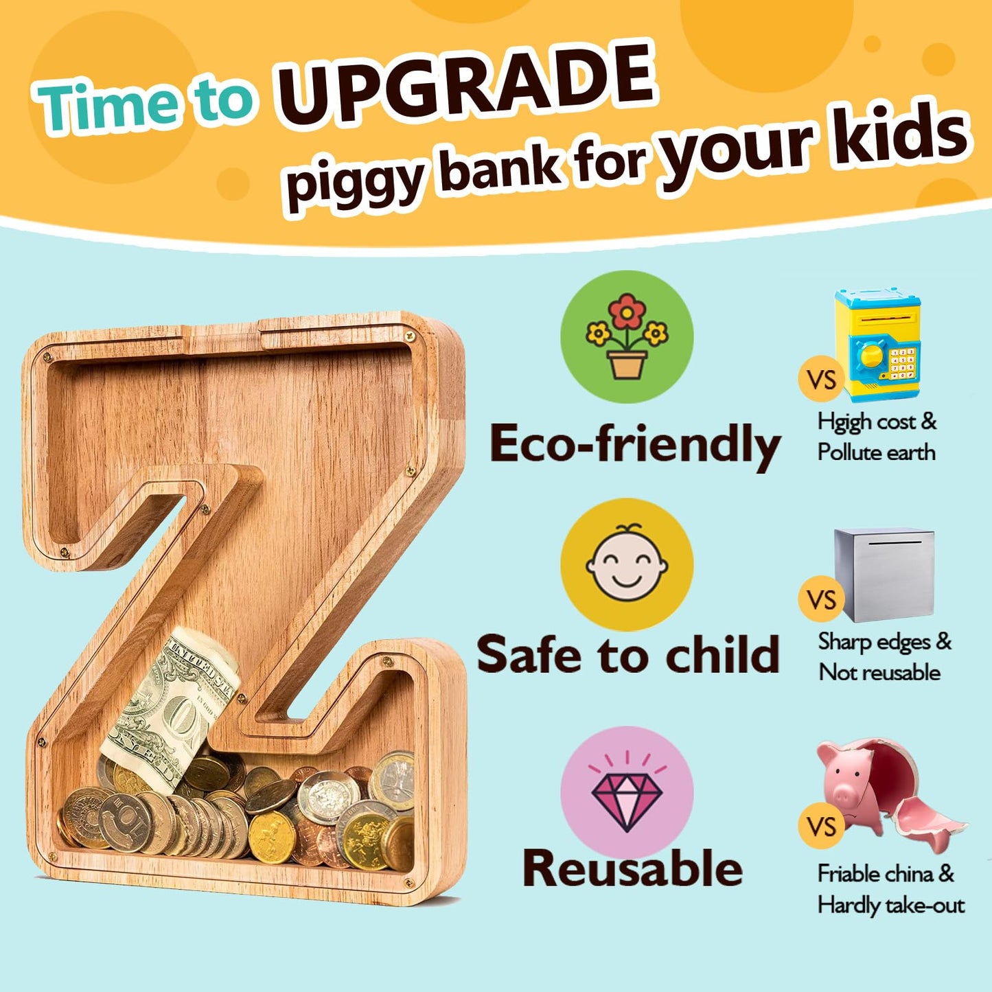 SummiDate Wooden Letter Piggy Bank| Piggy Bank for Boys Girls Toddler| Alphabet Z Money Bank| Coin Bank Birthday Gift for Kids|Birthday Gift for Kids (Z)