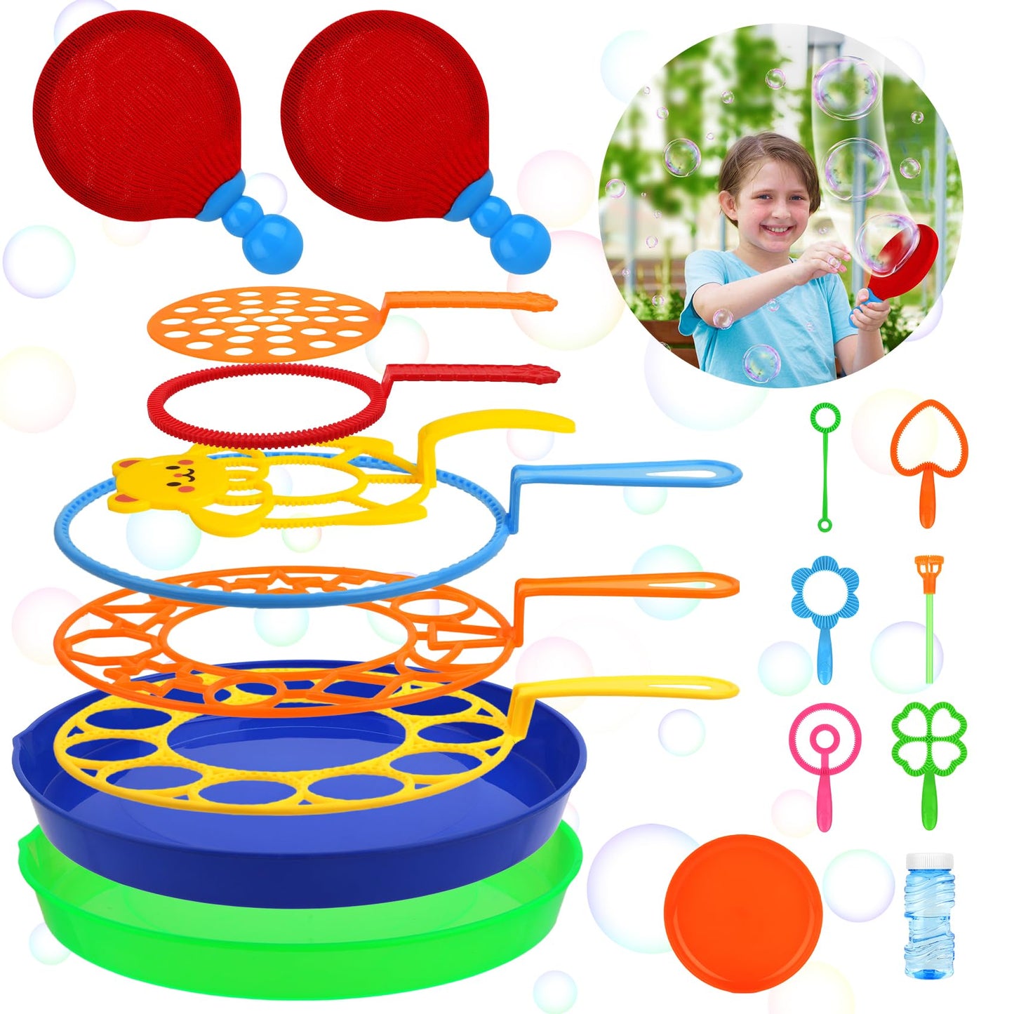 Roberly 18 Pcs Big Bubble Wands Toys Set With Solution, Tray, Soft Racket, Bulk Funny Bubbles Making Toys For Kids Summer Outdoor Activities Game Birthday Party Favors