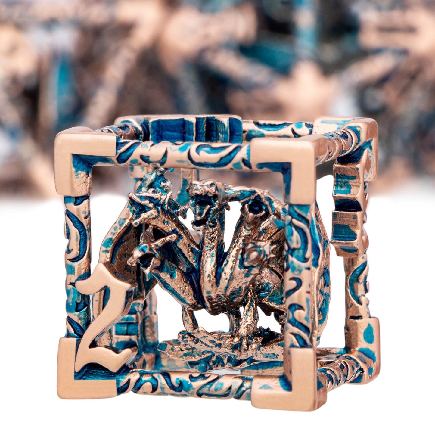 ARUOHHA Hollow DND Dice Set Copper Blue 5-Headed Dragon D and D Dice with Gift Box, Dungeons and Dragons Role Playing Games 7PCS
