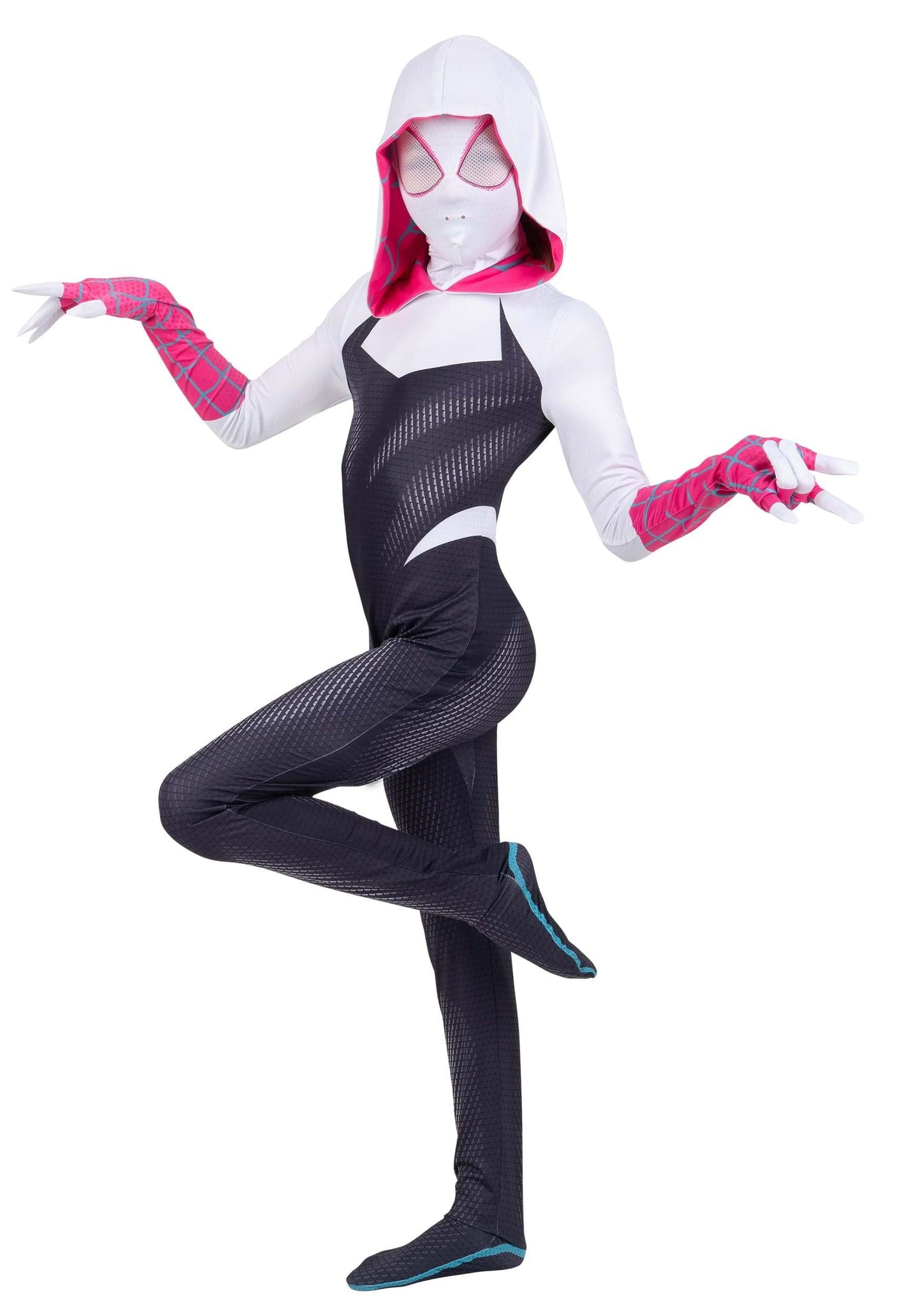 Marvel Spider-Gwen Official Youth Zentai Halloween Costume - Hooded Spandex Jumpsuit with Printed Design and Pull On Spandex Mask (Large) Multi
