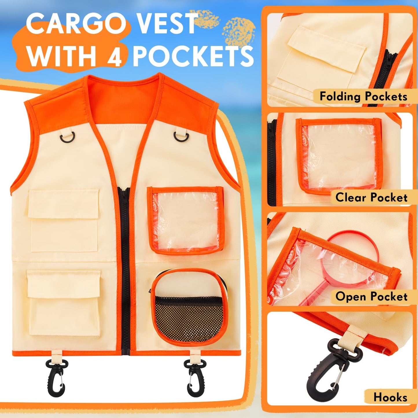 Ramede Kids Safari Explorer Vest And Hat Costume Fishing Adventure Camping Vest For Boy Girls Toddler Outfit(Vivid,Orange)