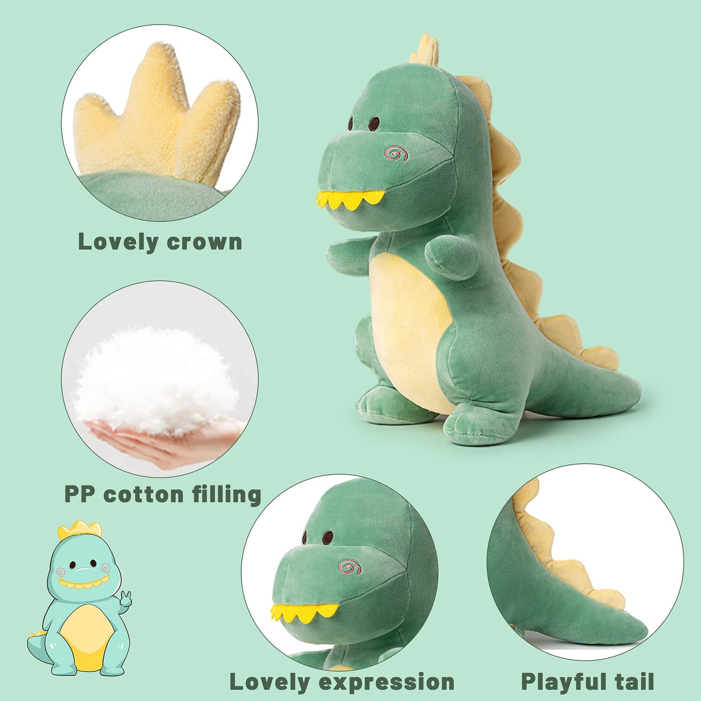Adorlynetty Big Dinosaur Plush Toy, 15.7' Dinosaur Stuffed Animal Stuffed Dinosaur Plush Cute Dino Plush Soft Dinosaur Plushie Dino Stuffed Animals Toys For Boys Girls Baby Kids Green