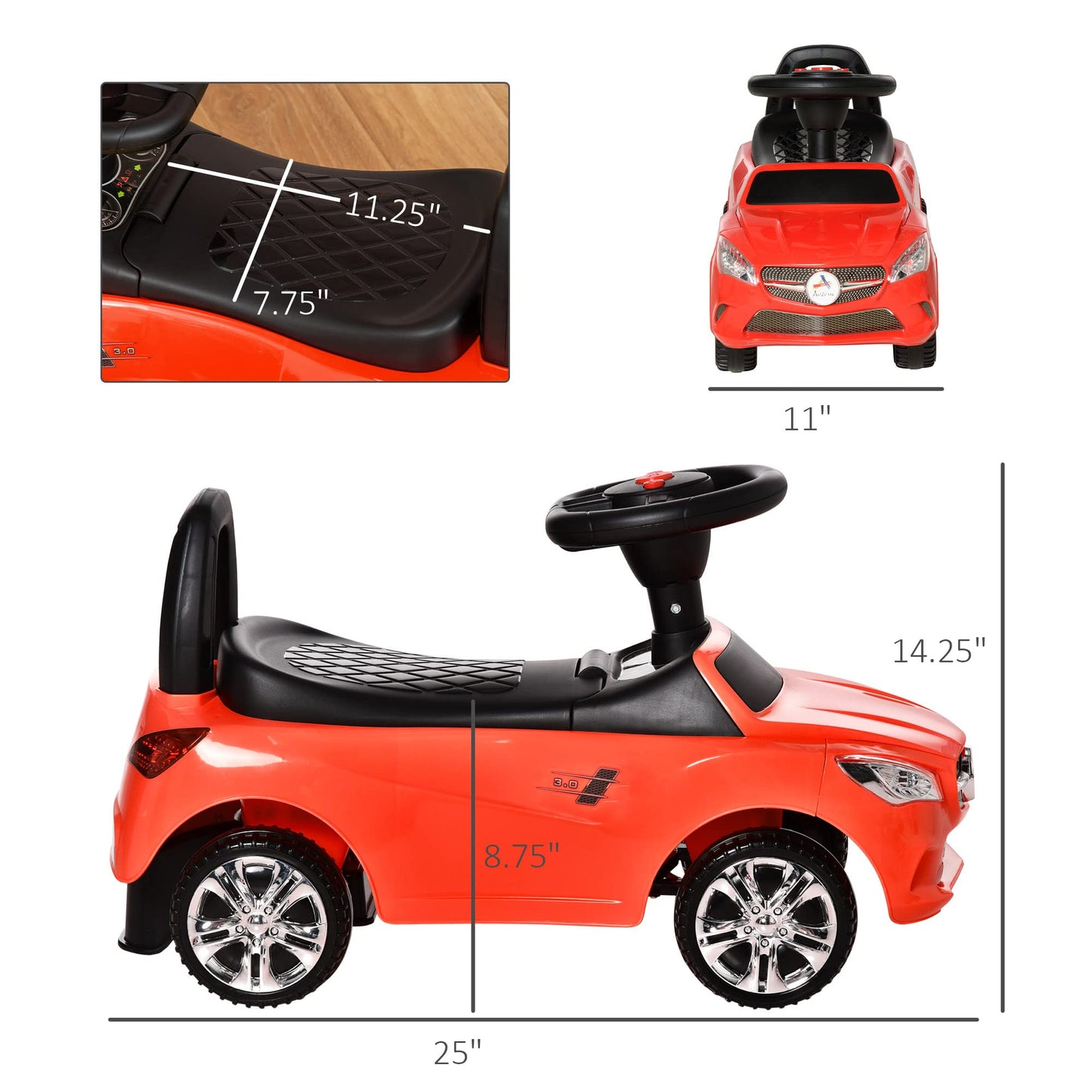 Aosom Kids Ride On Push Car, Foot-To-Floor Walking Sliding Toy Car For Toddler With Working Horn, Music, Headlights And Storage, Red