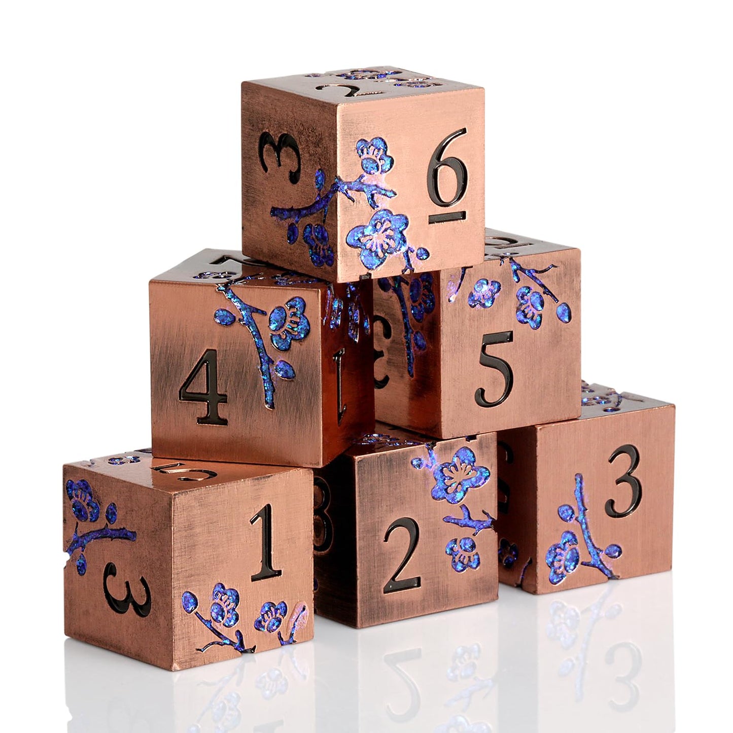 DNDND Flowers Metal Dicet D6, 6 PCS Six Sided Zinc Dice with Black Velvet Bag for DND Pathfinder Shadowrun or GURPs (The Glitter