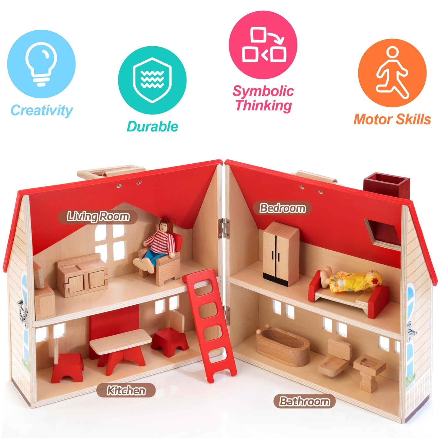 Woodmam Foldable Wooden Doll House With 13Pcs Furniture, 4 Rooms And 2 Flexible Dolls, Pretend Play House Set With Portable Handle, Christmas Birthday Gift For Boys Girls Kids Age 3+