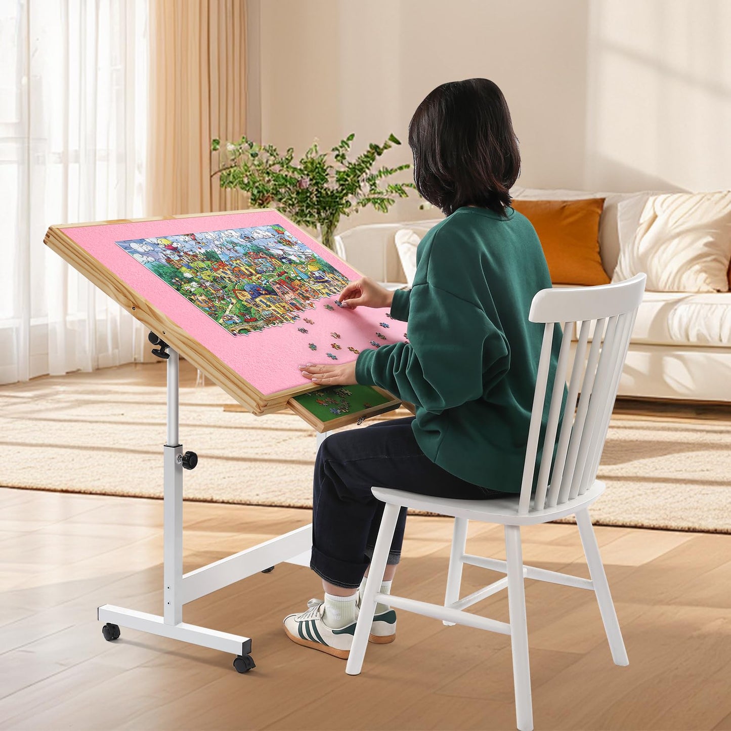 Vasitelan Adjustable Wooden Jigsaw Puzzle Table with Wheels, Puzzle Tables Fits 1500 Piece Puzzles,Wooden Puzzle Board for Adult