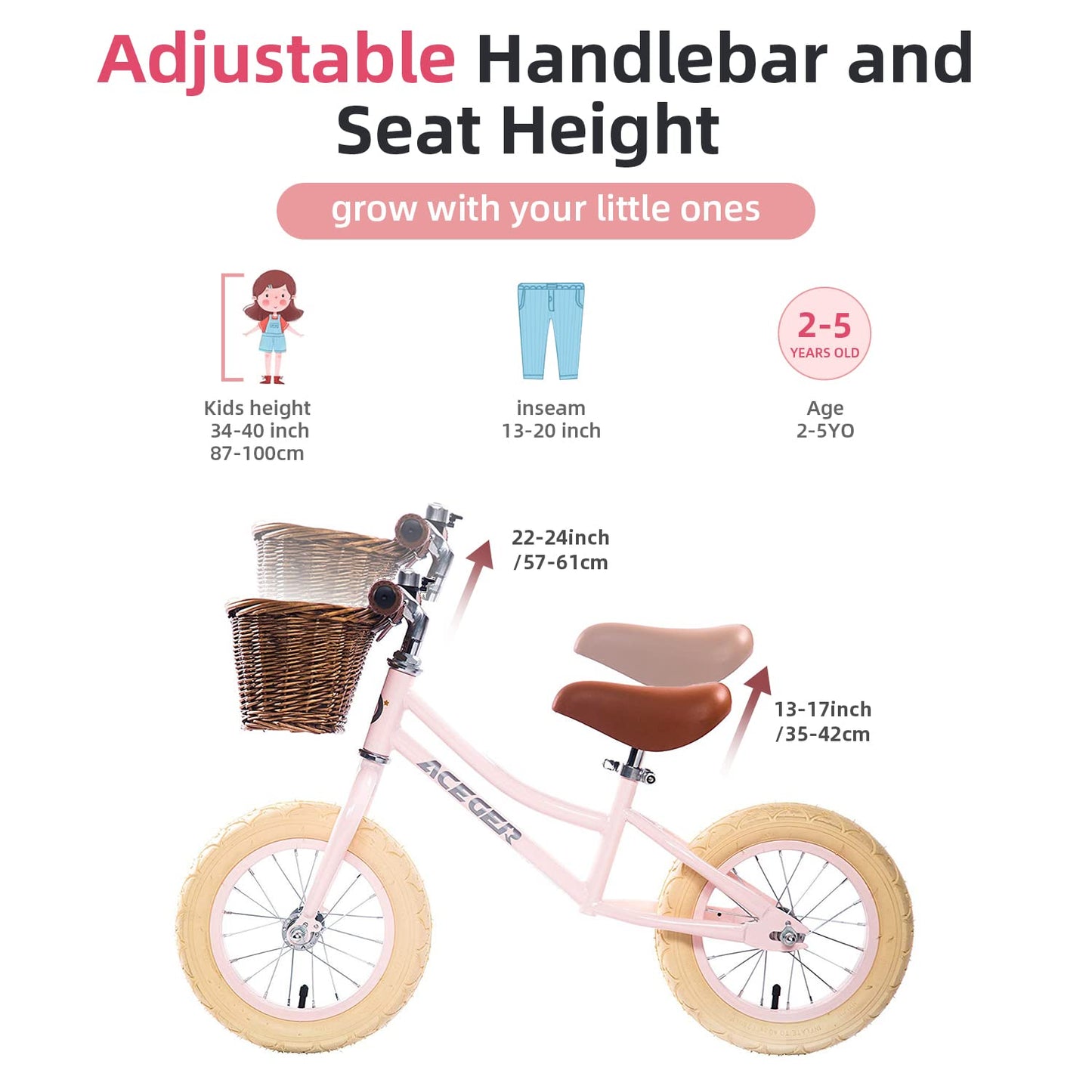 Aceger 12'' Kids Balance Bike With Basket, No Pedal Toddler Bicycle For Early Learning Leg Strength And Steady Balancing, Durabl