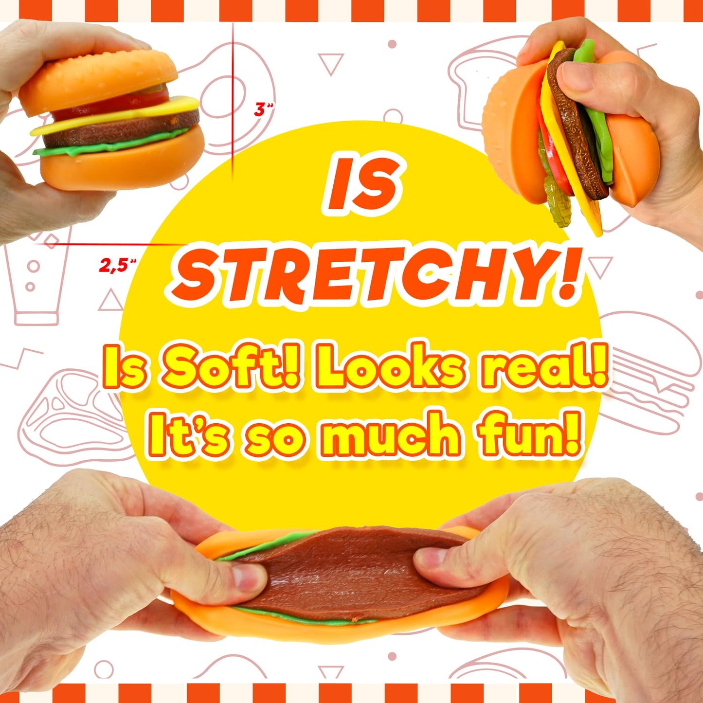 JA-RU Foodie Fusion Play Burger Deluxe Squishy Toy (6 Pack) Smushy Make Your own Patty. Squish Grilled Food Toys for Kids Teen & mature-themed. Stretchy Therapy Stress Relief Fidget Party Favor. 6723-6
