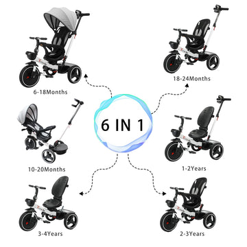 UBRAVOO 6-in-1 Baby Tricycle, Carbon Steel, White, Adjustable Canopy, Safety Harness, Model HLF-6018