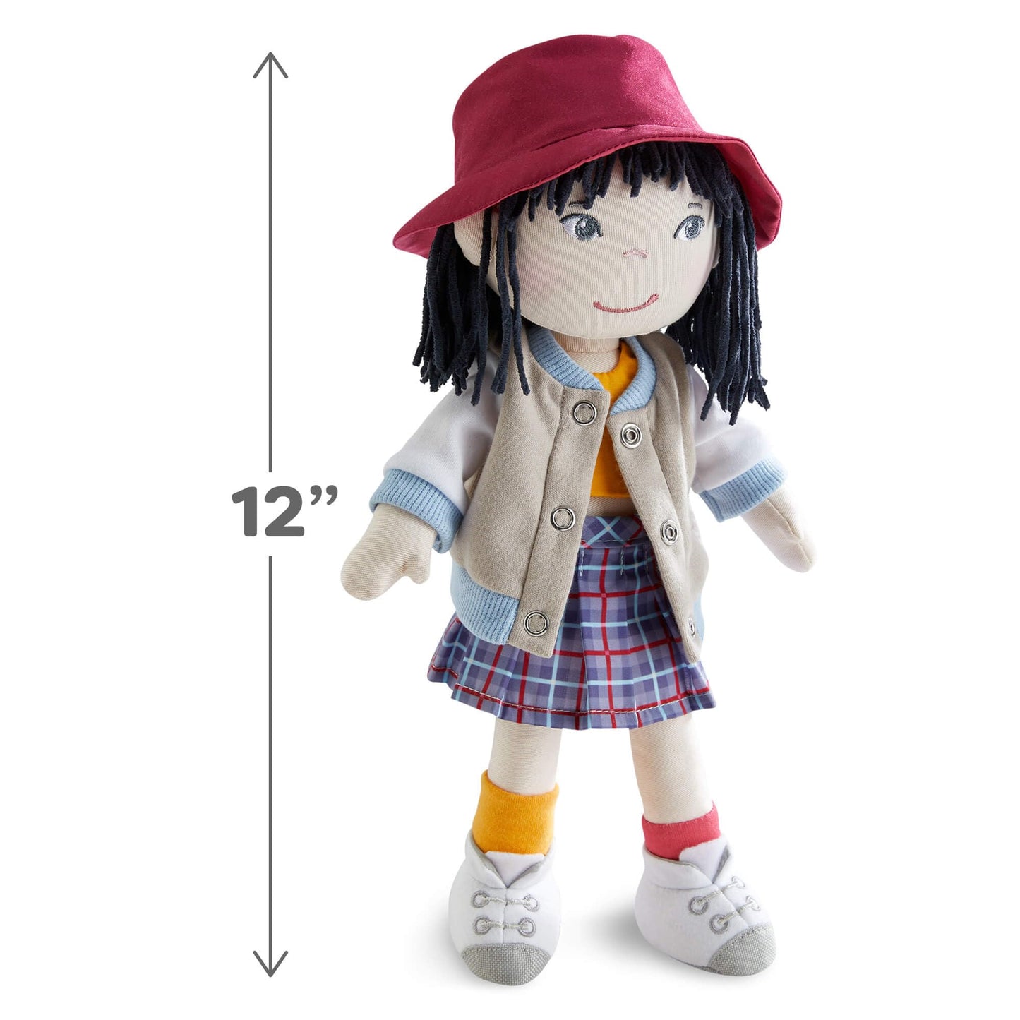 Haba 12'' Soft Doll Yuki With Black Hair, Embroidered Face, Stylish Bucket Hat And Clothes - Washable Toddler Baby Doll For 18 M
