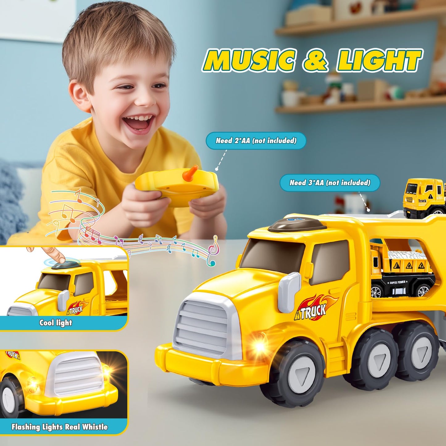 Snapglowz Remote Control Car For Toddlers 2 3 4 5 6, Construction Trucks Cars Toys Toddler 2-6 Year Old Boy Toys Carrier Toys To