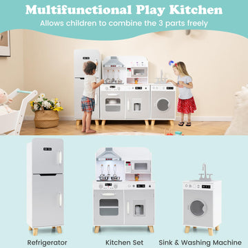 HONEY JOY Kids Kitchen Playset, 3-Piece Modular Wooden Corner Toy Kitchen Set/Refrigerator/Washing Machine & Sink, Lighted Range