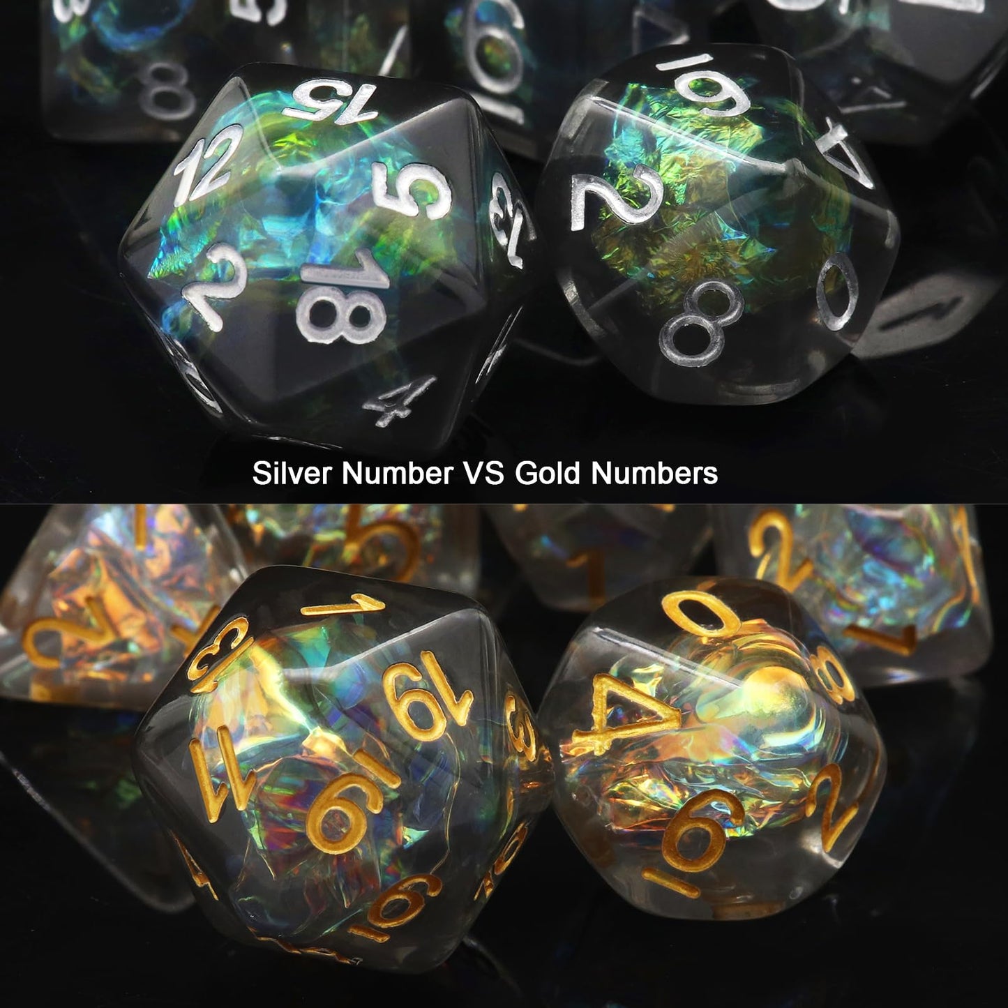Haxtec Black DND Dice Set 7PCS Filled Resin Polyhedral D&D Dice W/Iridescent Mylar Inclusion Role Playing Dice Dungeons and Drag