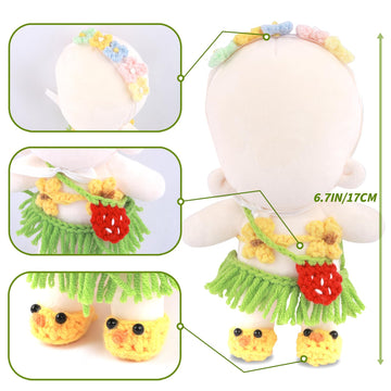 Handmade Clothes for Doll 5-Piece Set Woolen Crochet Doll Clothes 6.7in/17cm Outfits Cute Accessories Includes Chickadee Shoes+Straw Skirt+Bikini top+Floral Headband+Strawberry Backpack