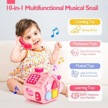 hahaland Baby Toys - Musical Snail Crawling Toy for 6-18 Months, Educational Activity Cube, Pink, Model 35969M, Perfect 1st Birthday Gift