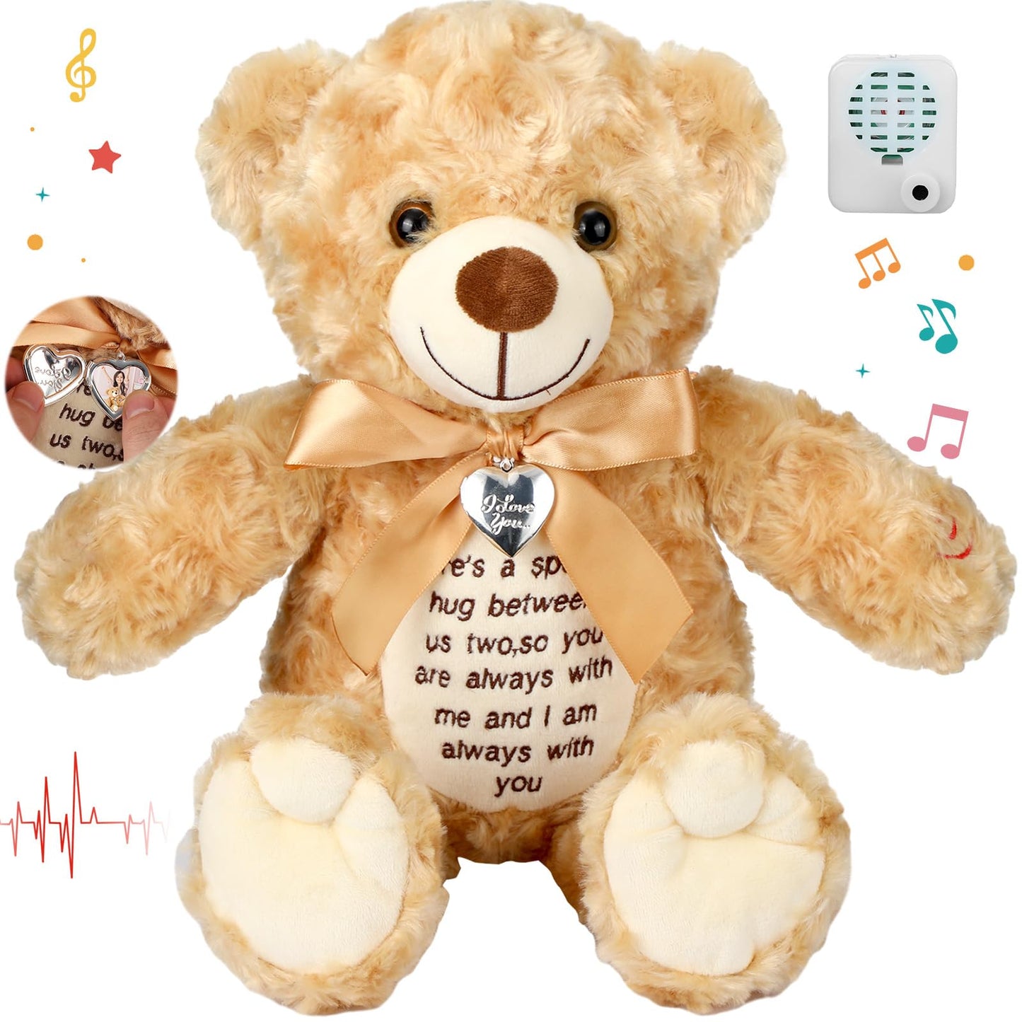 Silipull 12 Inch Bear Stuffed Animals With Voice Recorder Photo Pendant Set Cute Soft Plush Bear Messages Playback Stuffed Anima