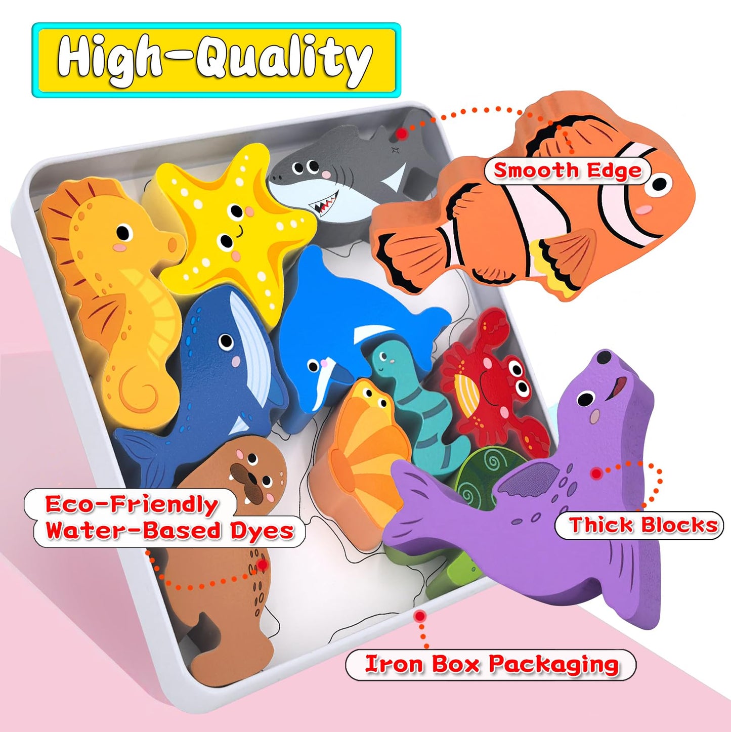 Wooden Animal Puzzles Toys For Toddlers,12 Pcs Sea Animals Figures,Animal Matching Sorting Stacking Toy For Boys Child Girls,Edu