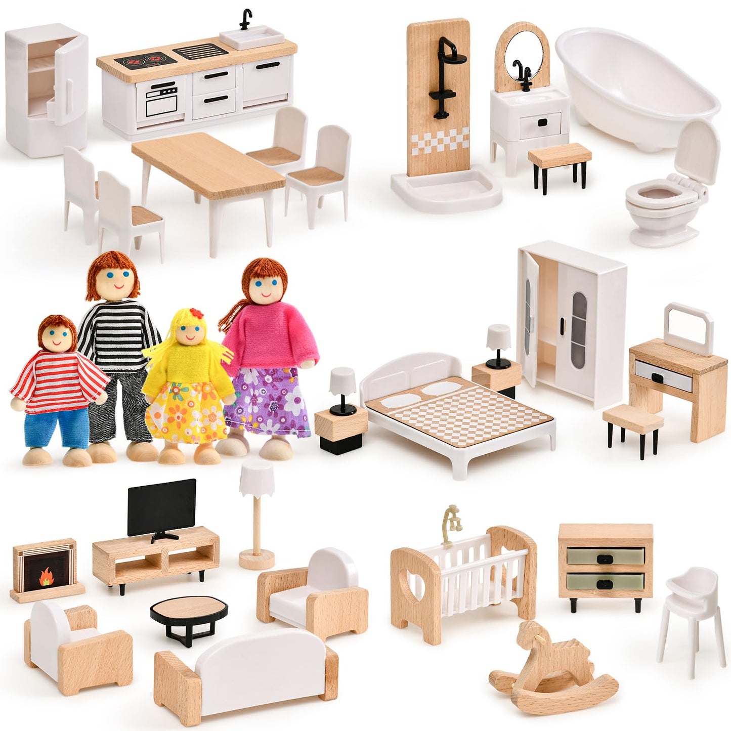 Toyssa Dollhouse Furniture Set, 36Pcs Beech Wood And Plastic Miniature Doll House Accessories With Modern 5 Rooms & 4 Flexible F