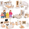 Toyssa Wooden Dollhouse Furniture Set, 36Pcs Miniature Doll House Accessories With Colorful 5 Room & 4 Flexible Family Dolls, Pr