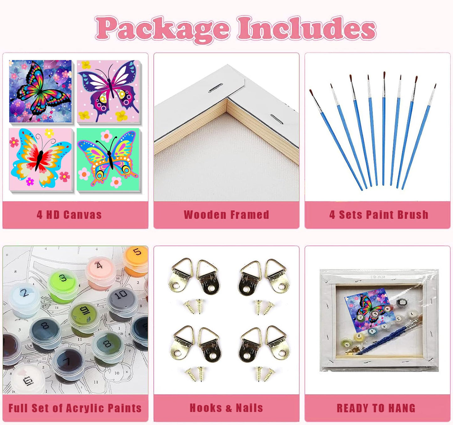 4 Pack Butterfly Paint By Number For Kids With Wooden Frame-Paint By Numbers For Kids Butterflies Ages 4-8-12,Easy Paint With Nu