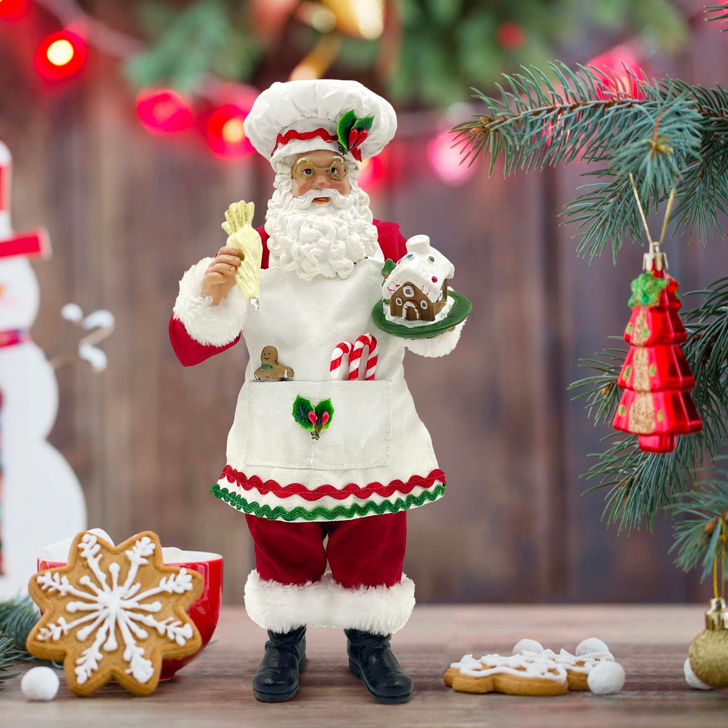 Amyoxu 11-Inch Cooking Chef Santa With Gingerbread House,Resin Statue Santa Figurine Christmas Decoration Ornament Xmas Gift